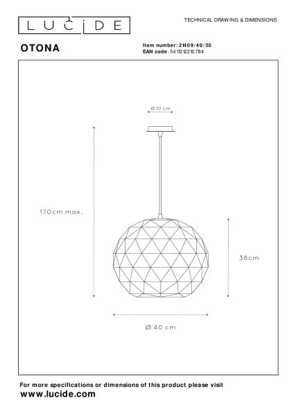 Lucide OTONA - Hanglamp - Ø 40 cm - 1xE27 - Zwart - technisch